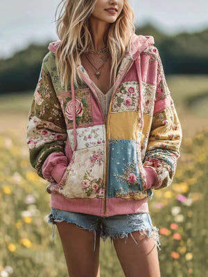 pink zip hoodie with floral and hooded