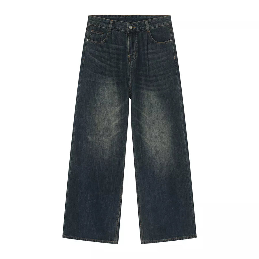 Men's wide leg denim jeans in dark wash cotton with a relaxed fit.