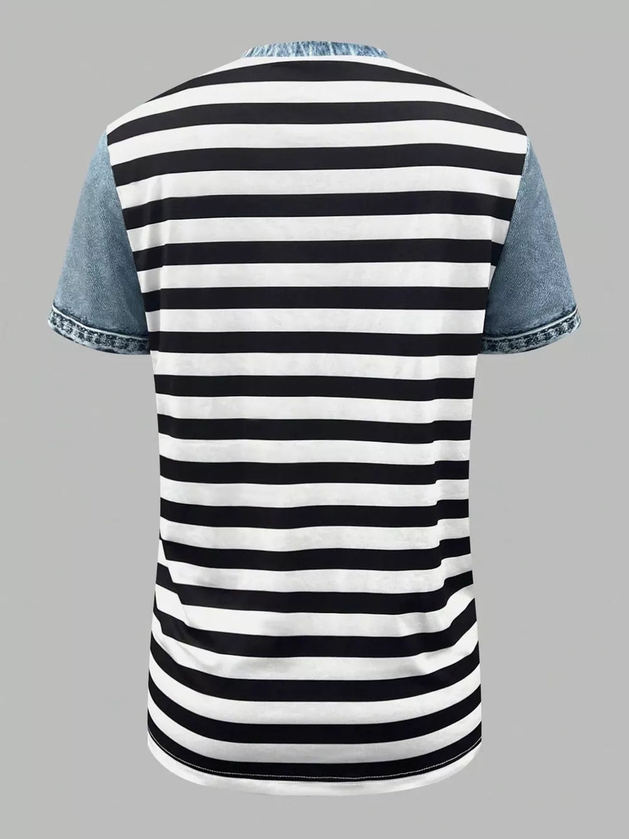 Denim patchwork blouse with black and white stripes and short sleeves.