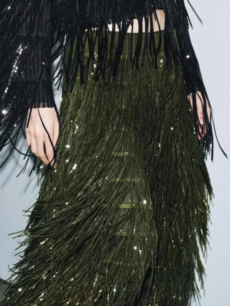Fringe embellished two-piece ensemble with sequin details in army green and black.