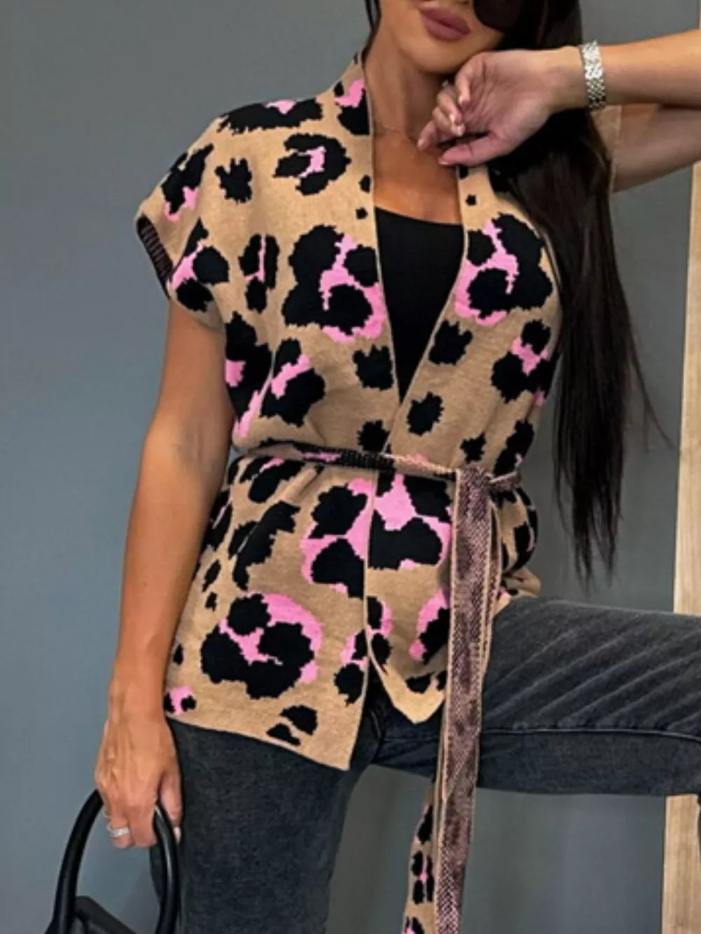 cardigan in black with leopard-print and belted