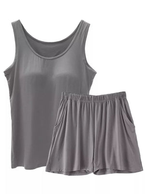 Relaxed hemp gray padded tank top and shorts set with elastic waistband and pockets.
