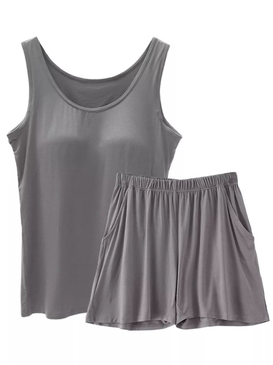 Relaxed hemp gray padded tank top and shorts set with elastic waistband and pockets.
