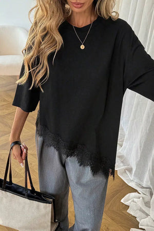 Black with Lace Asymmetrical Hem Round Neck T-shirt in Black