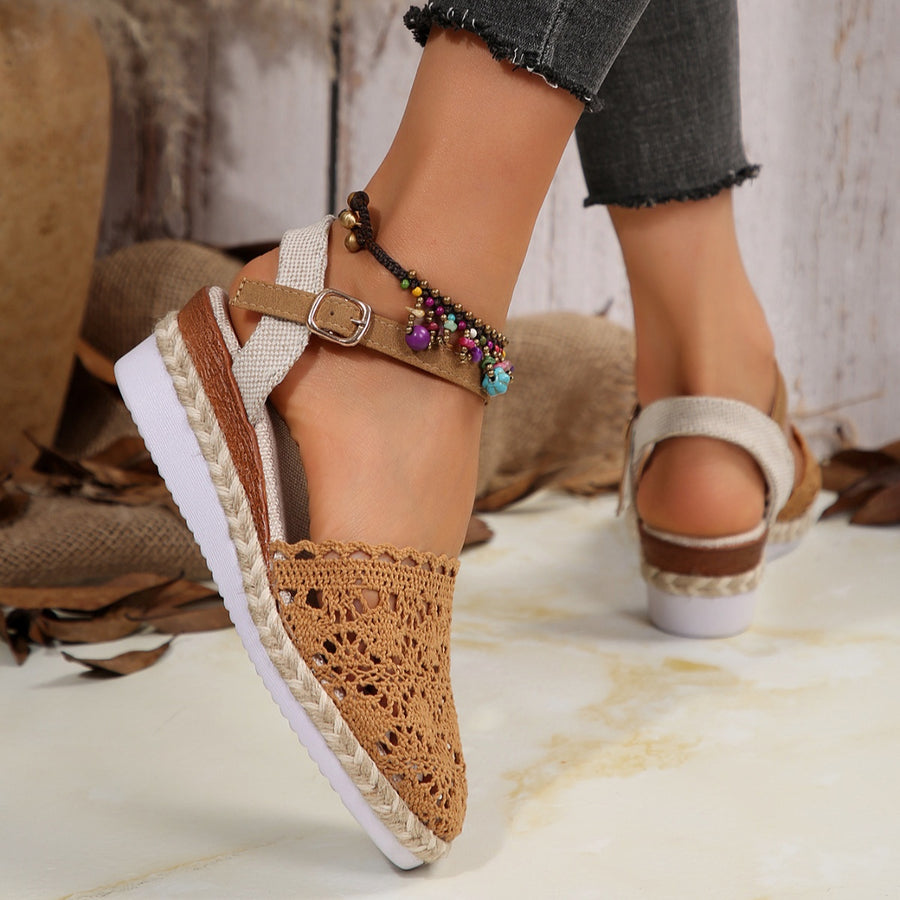 Brown crochet espadrille sandals with ankle strap and beaded anklet.