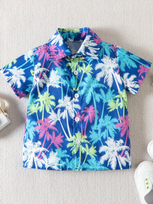 Toddler blue collared cotton shirt with colorful palm tree print