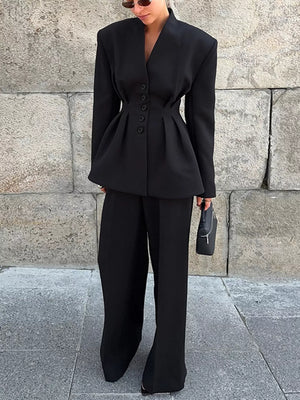 Button Down Pleated Blazer And Wide-leg Pants Set option 5