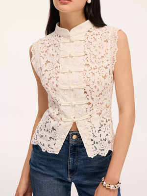 ivory blouse with floral and mandarin collar