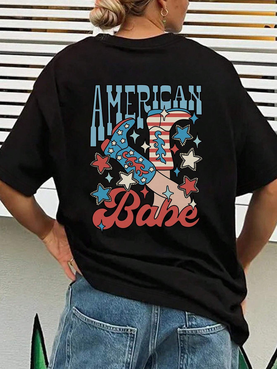 Black graphic t-shirt with American Babe cowboy boot and stars design