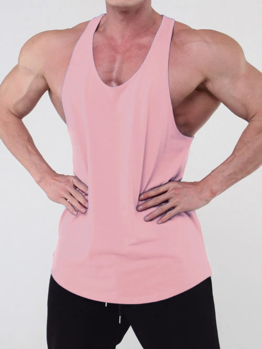 Dusty Pink scoop neck workout tank top with a curved hem.