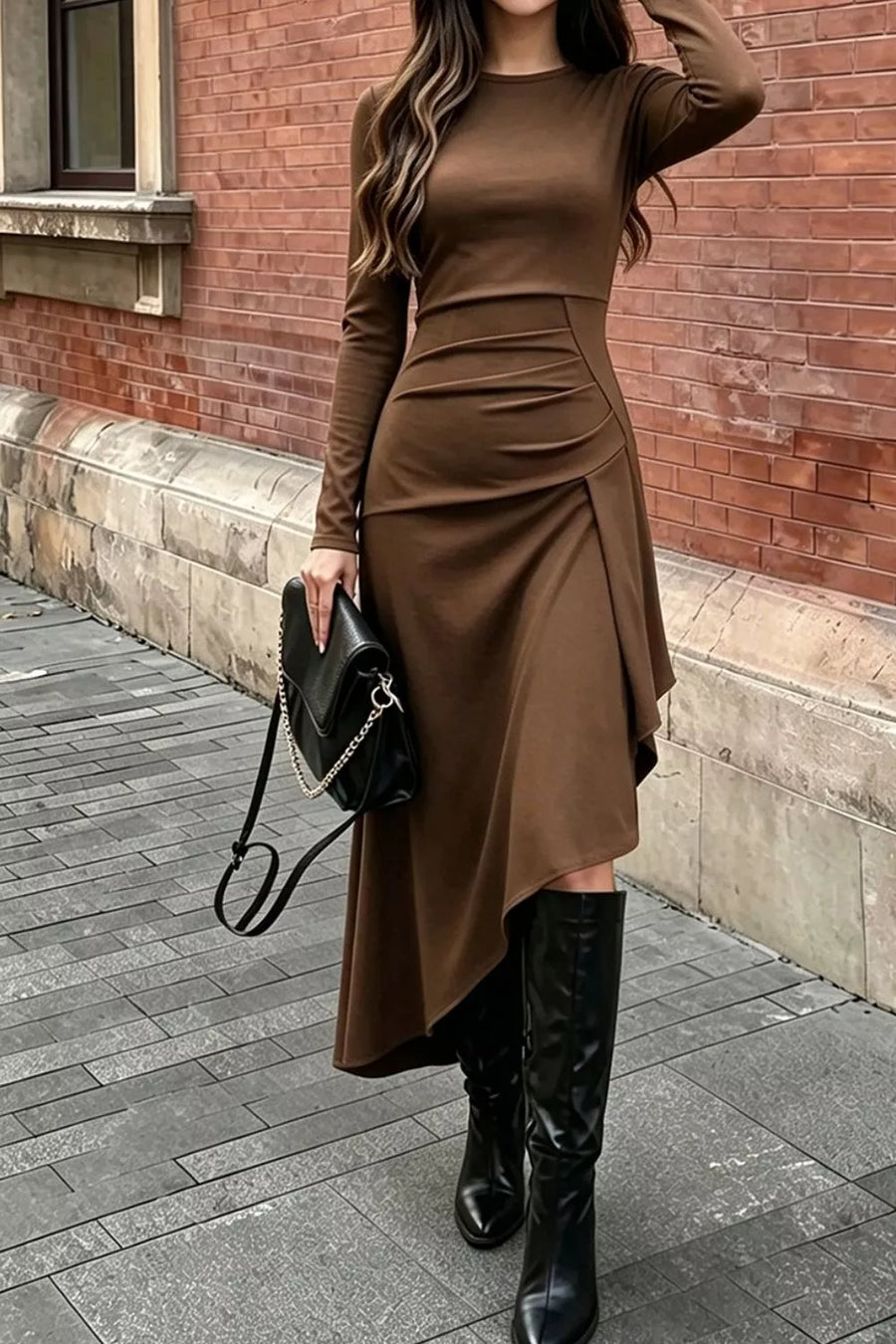 Ruched Asymmetrical Hem Long Sleeve Dress option 6