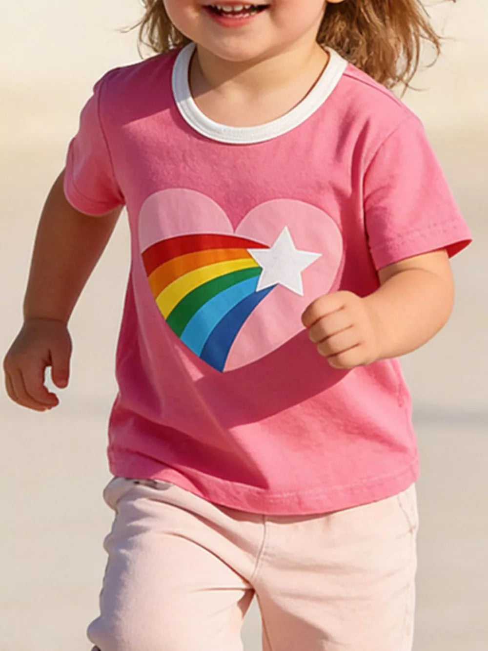 Toddler pink cotton t-shirt with heart rainbow and star graphic