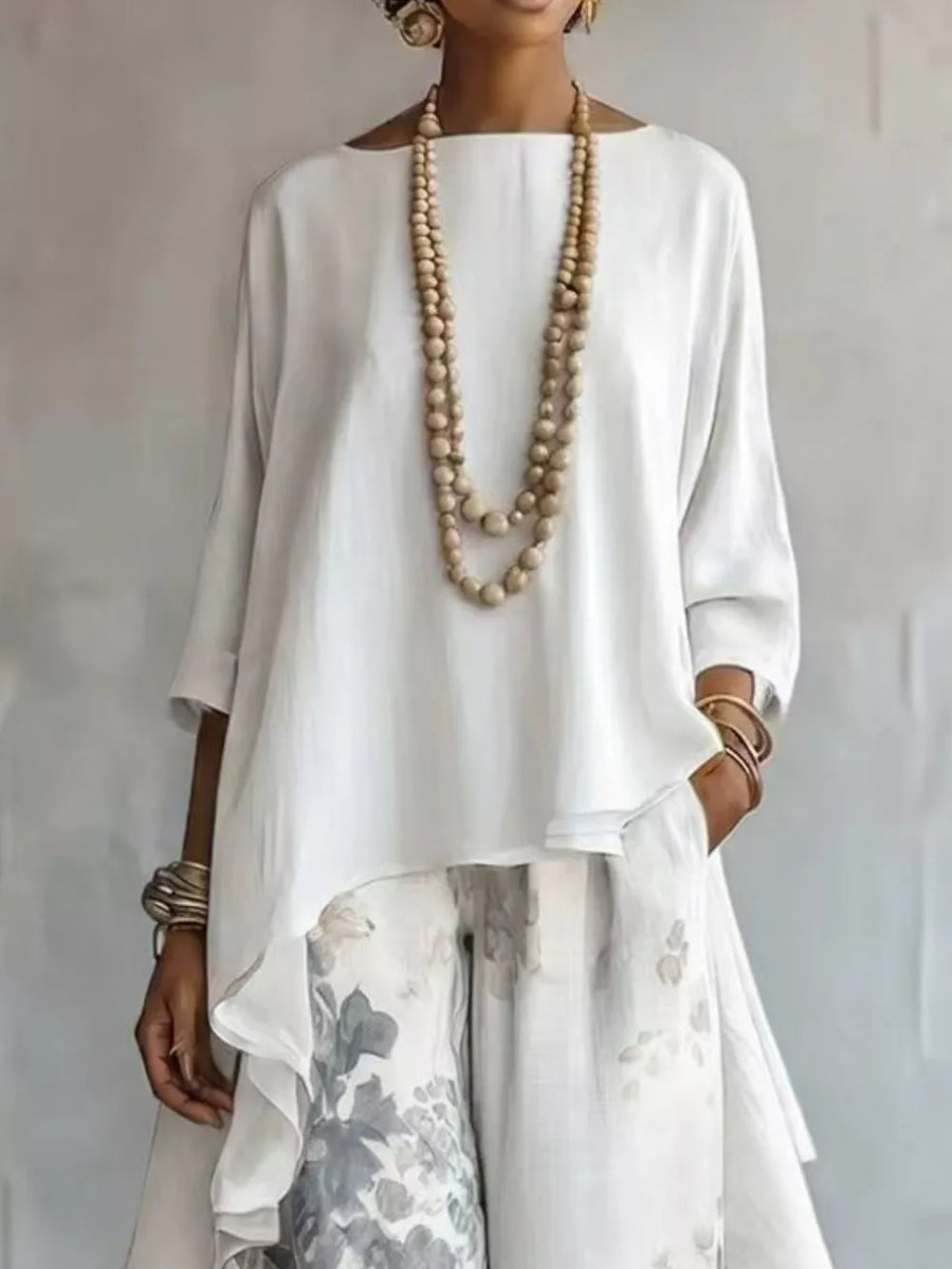 Green Asymmetrical Hem Top And Floral Pants Set