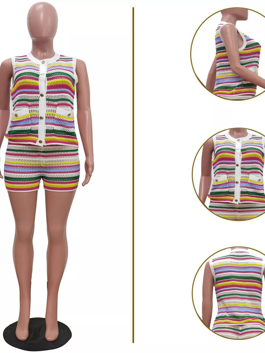 Vibrant crochet knit two-piece set with button-front sleeveless top and shorts in colorful stripes.