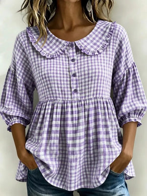 Full Size Gingham Peter Pan Collar Blouse Plus Size in Pink