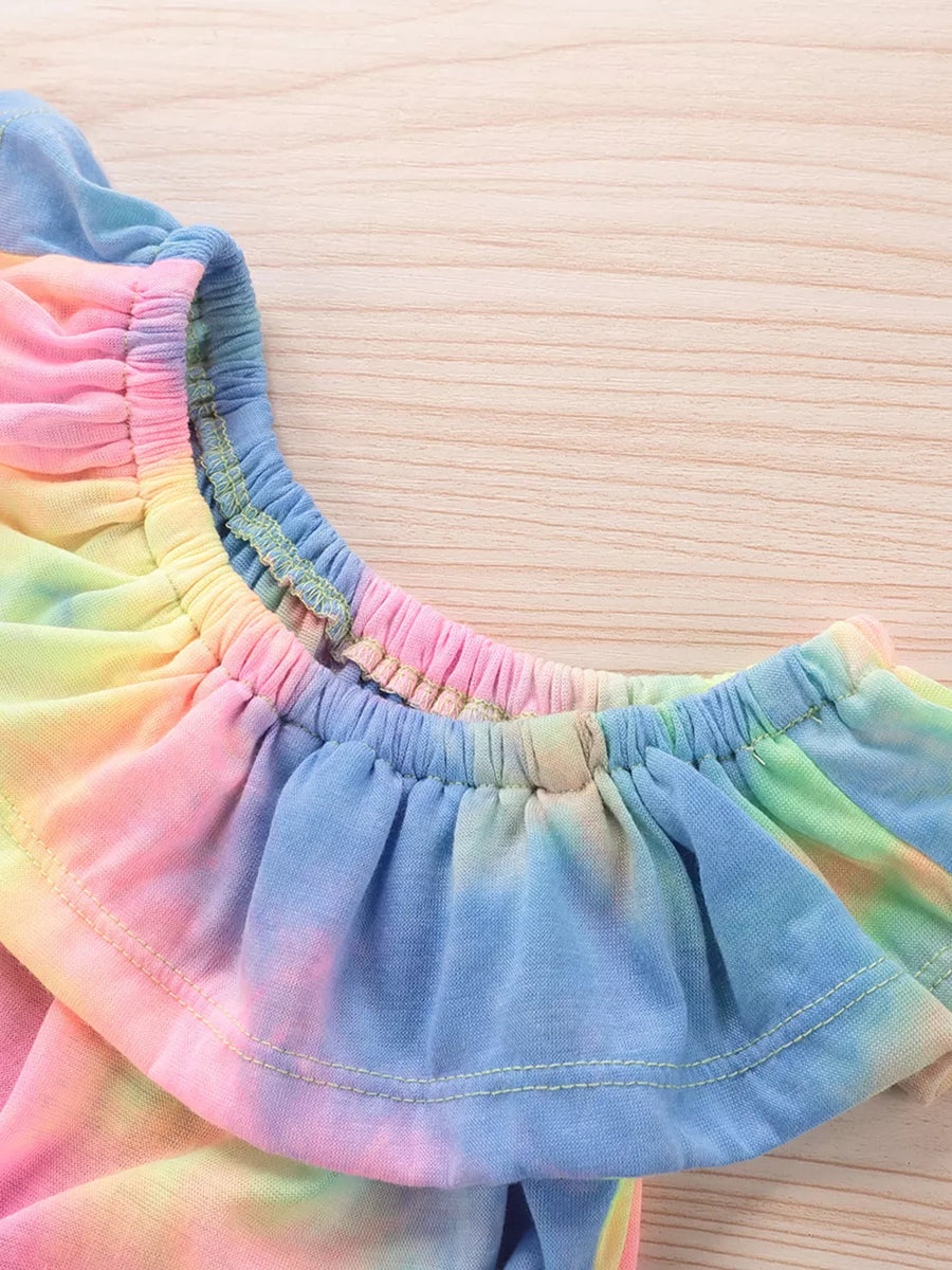 Blue with Children's Tie-dye Ruffle Crop Top & Shorts Set