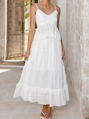 White eyelet lace cami set with tiered skirt and ruffled hem.