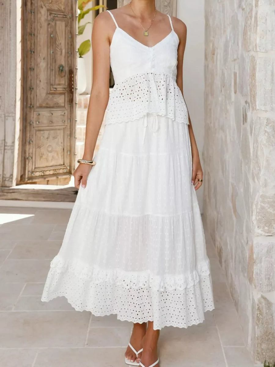 White eyelet lace cami set with tiered skirt and ruffled hem.