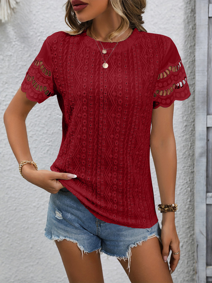 Burgundy eyelet blouse with scalloped short sleeves and a detailed lace pattern.