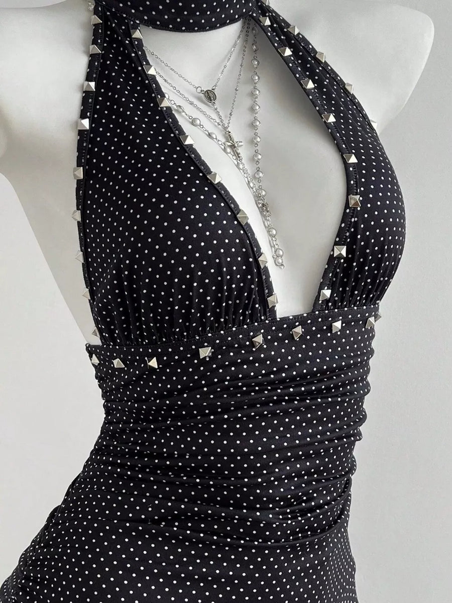 Polka Dot Cutout Front Halter Mini Dress option 5