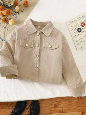 Casual tan corduroy button-up jacket with two chest pockets and silver buttons.