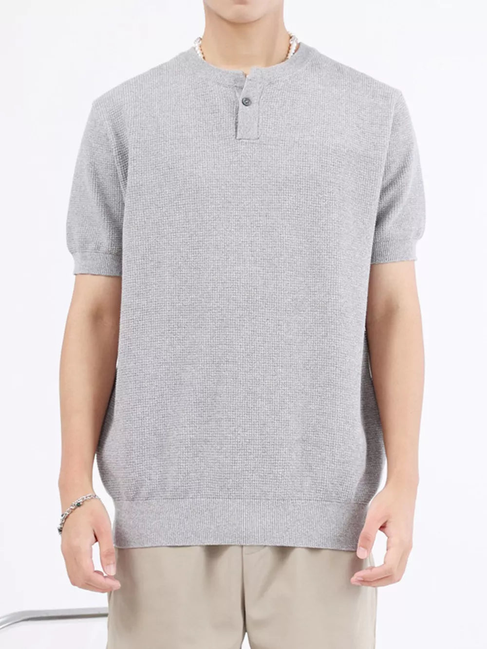 Men's Melange Gray knit henley t-shirt with short sleeves and button placket.