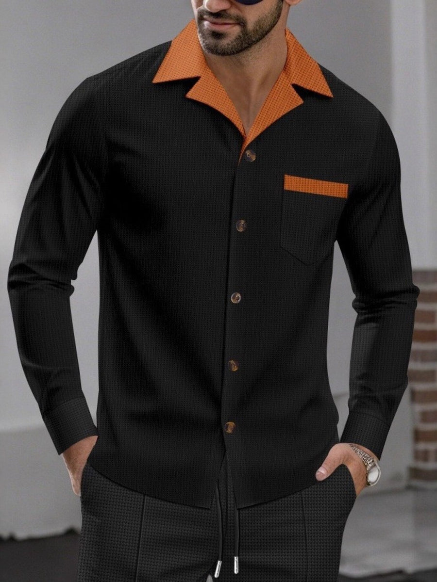 black button-up shirt with textured and collared