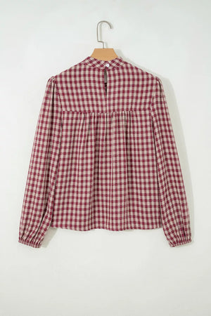 Burgundy plaid long sleeve blouse with button keyhole detail