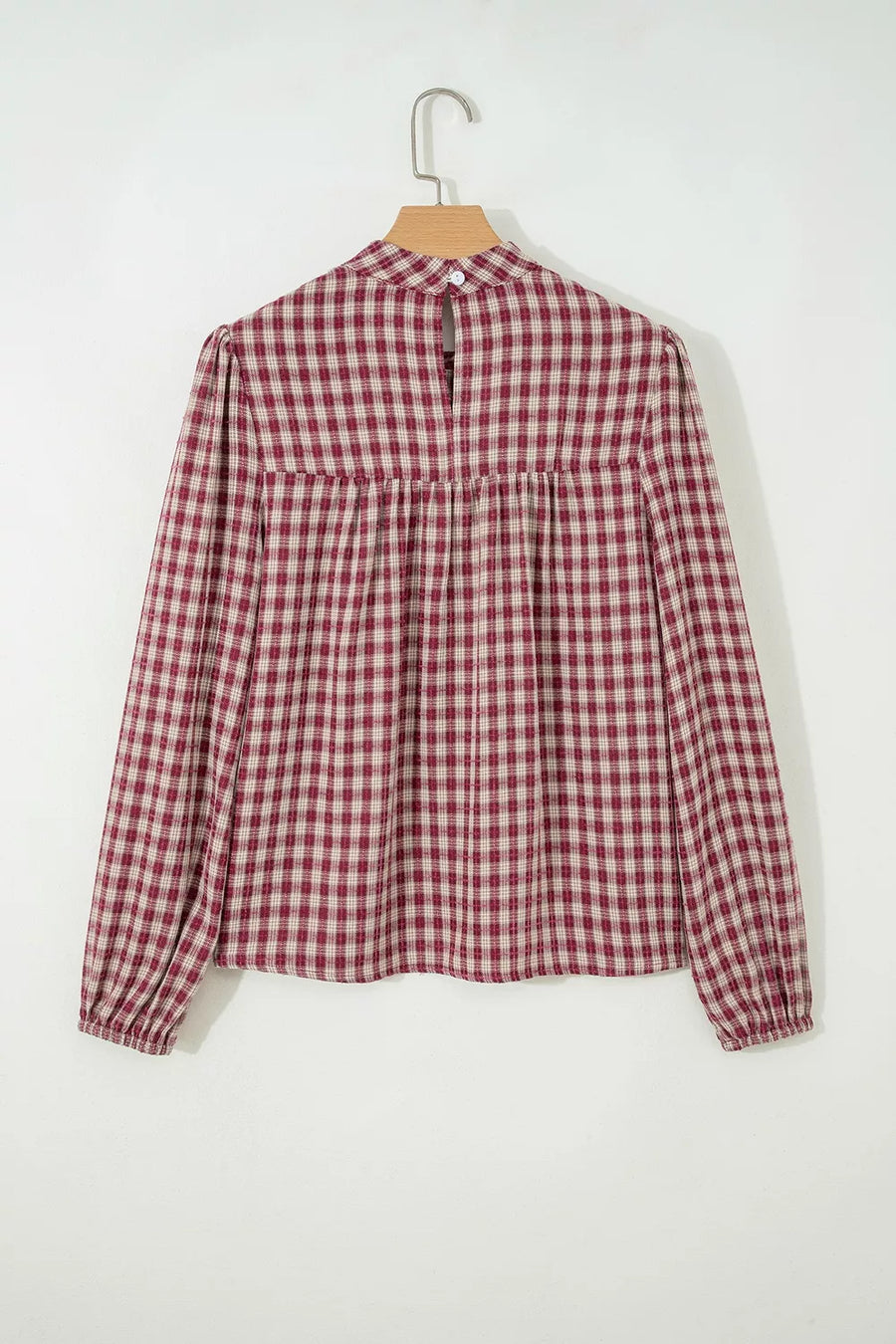 Burgundy plaid long sleeve blouse with button keyhole detail