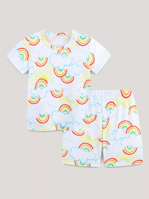 Toddler rainbow cloud print t-shirt and shorts set with sun details.
