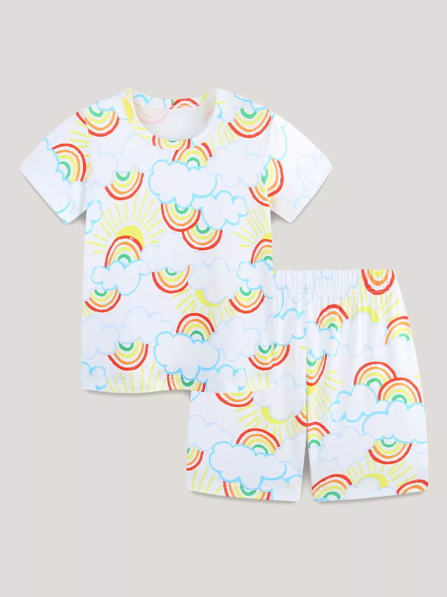 Toddler rainbow cloud print t-shirt and shorts set with sun details.