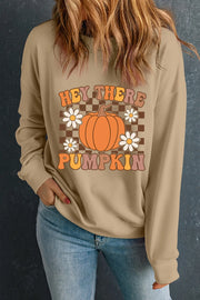 Khaki crewneck sweatshirt with retro "Hey There Pumpkin" graphic and flowers.