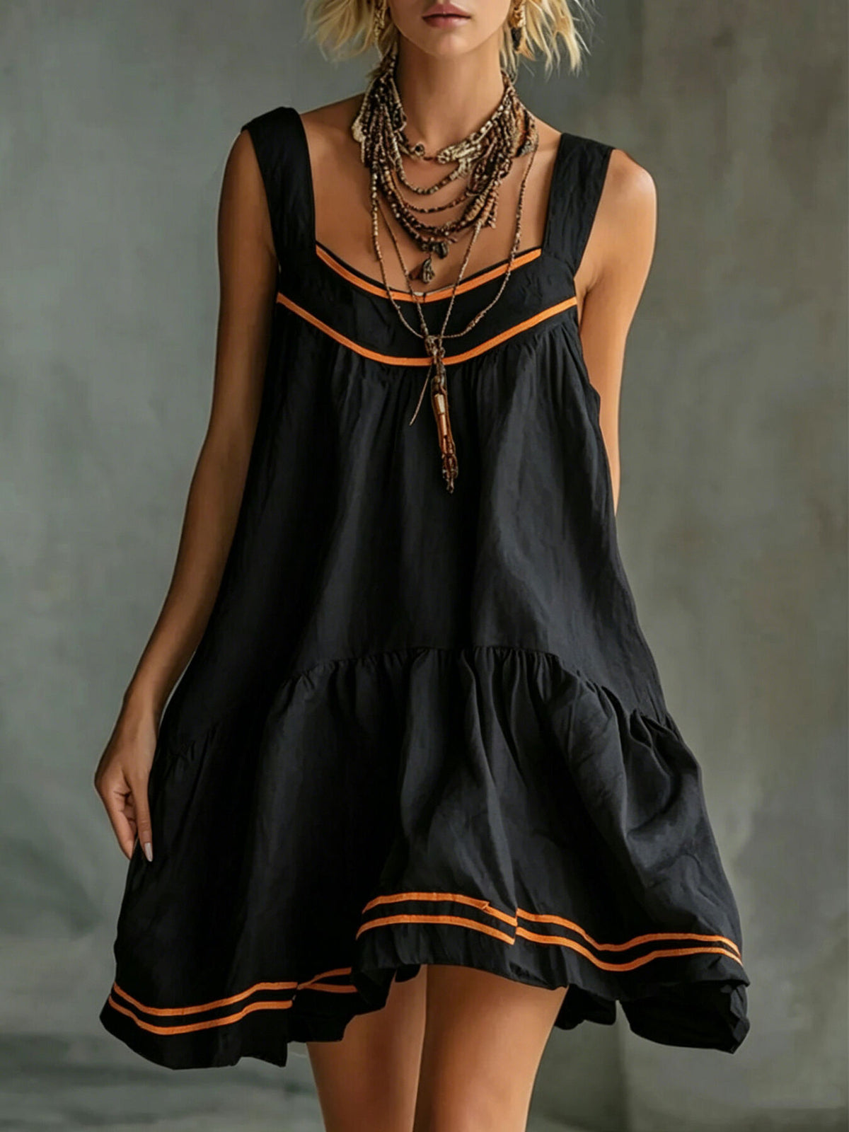 mini dress in black featuring contrast stitching and A-line fit