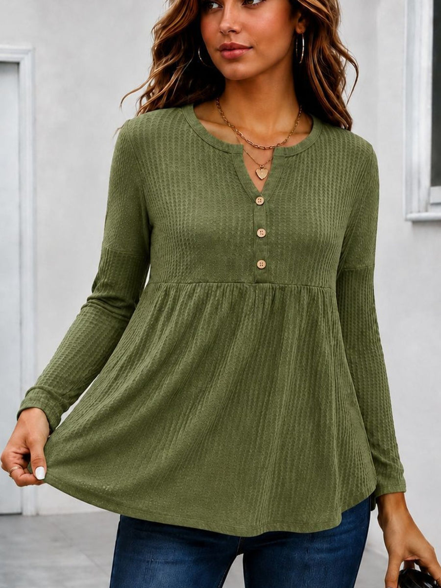 olive green peplum top with waffle-knit and henley