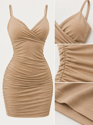 Black bodycon dress with ruched and spaghetti strap