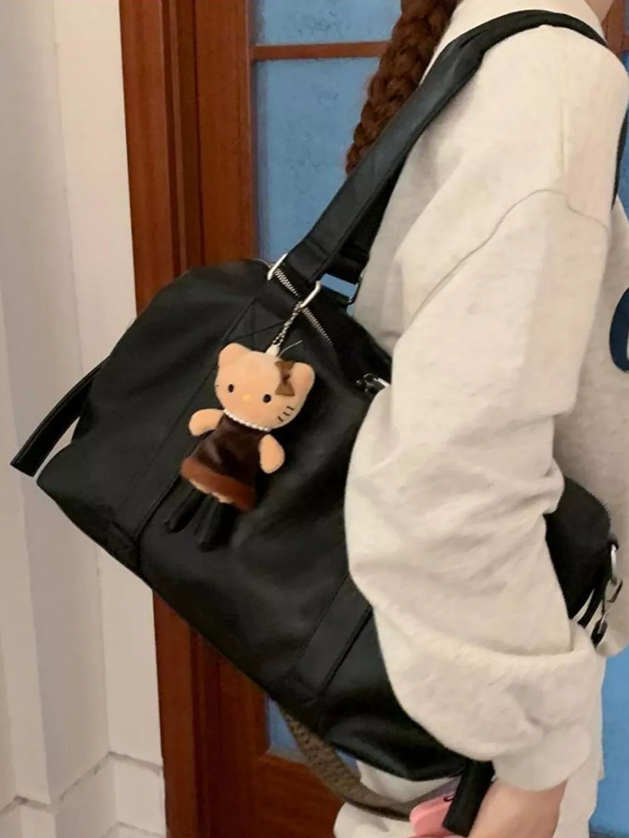Large black pu leather shoulder bag with teddy bear charm