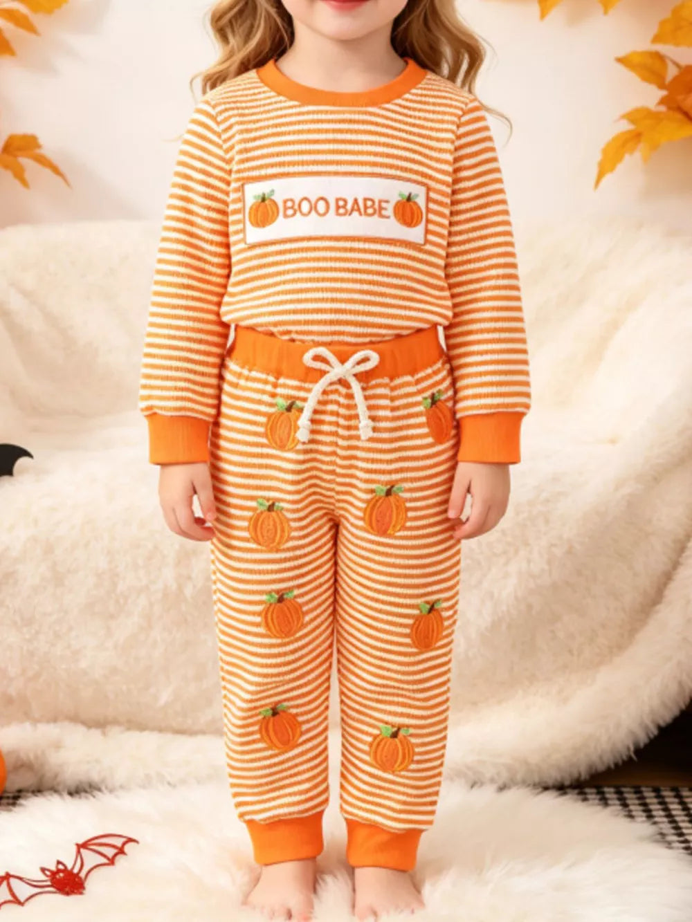 orange pajama set with striped and crew neck