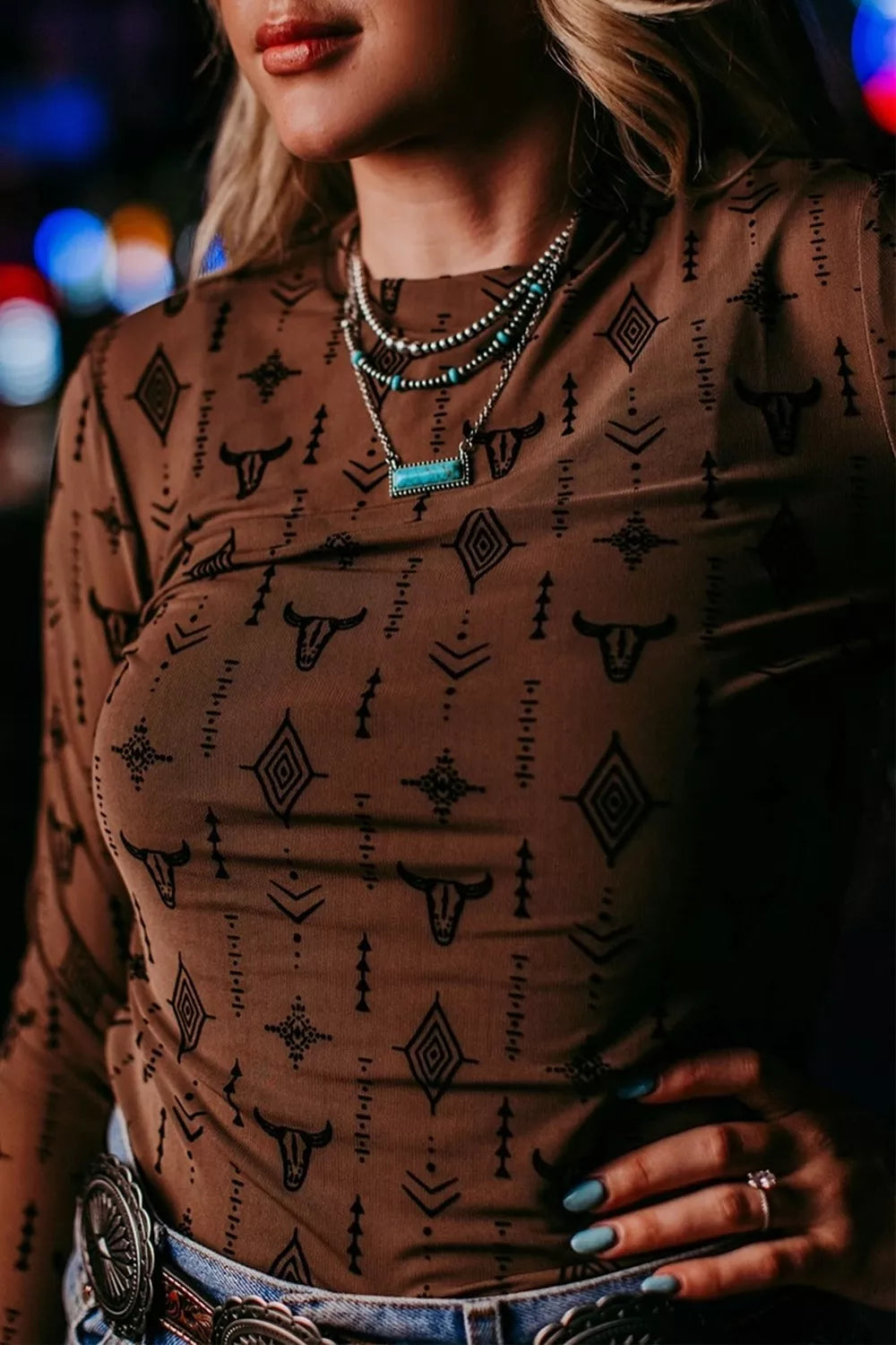 brown t-shirt with geometric and crew neck