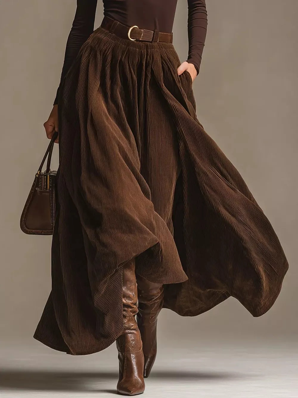 Brown two-piece set featuring belted and ribbed