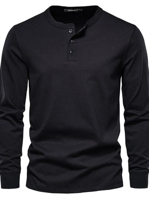 Black long sleeve henley knit t-shirt with button placket