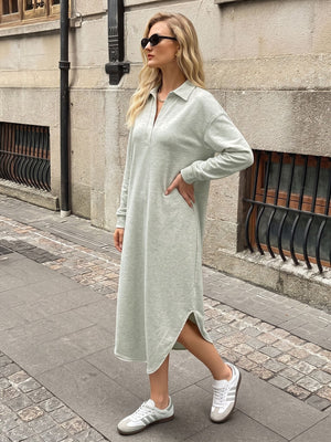 modern midi dress in sage green with collared