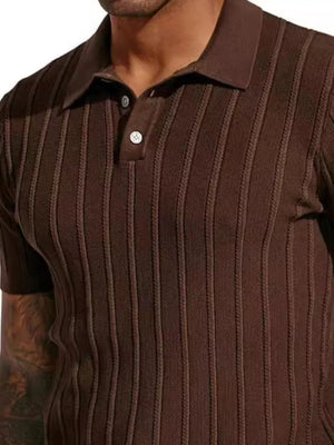Dark brown ribbed knit polo shirt with buttoned collar and refined fit.