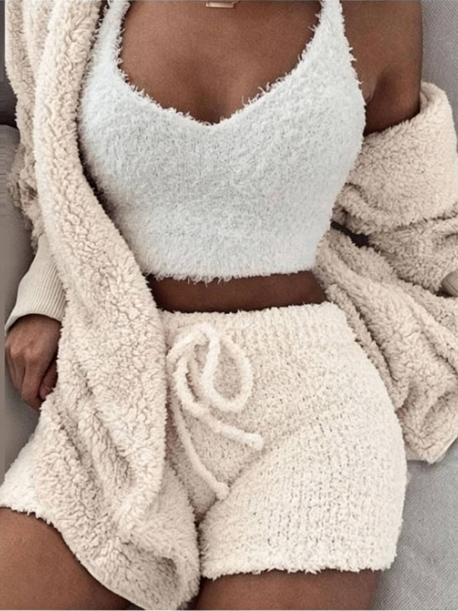 pajama set in light beige featuring drawstring and relaxed fit