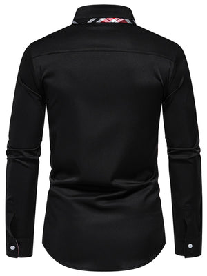 Black cotton slim fit shirt with plaid collar trim and buttoned cuffs.