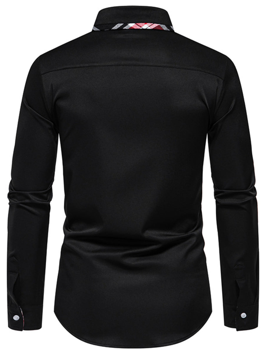 Black cotton slim fit shirt with plaid collar trim and buttoned cuffs.