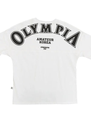 White oversized tee with black Olympia graphic print and text detail on back.