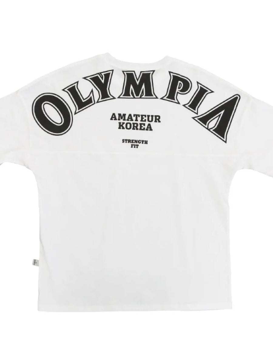 White oversized tee with black Olympia graphic print and text detail on back.