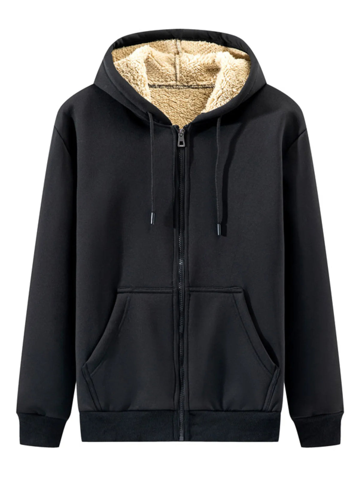 Men's black zip-up hoodie with sherpa lining and front pockets.