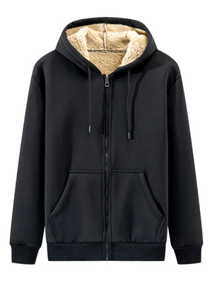 Men's black zip-up hoodie with sherpa lining and front pockets.