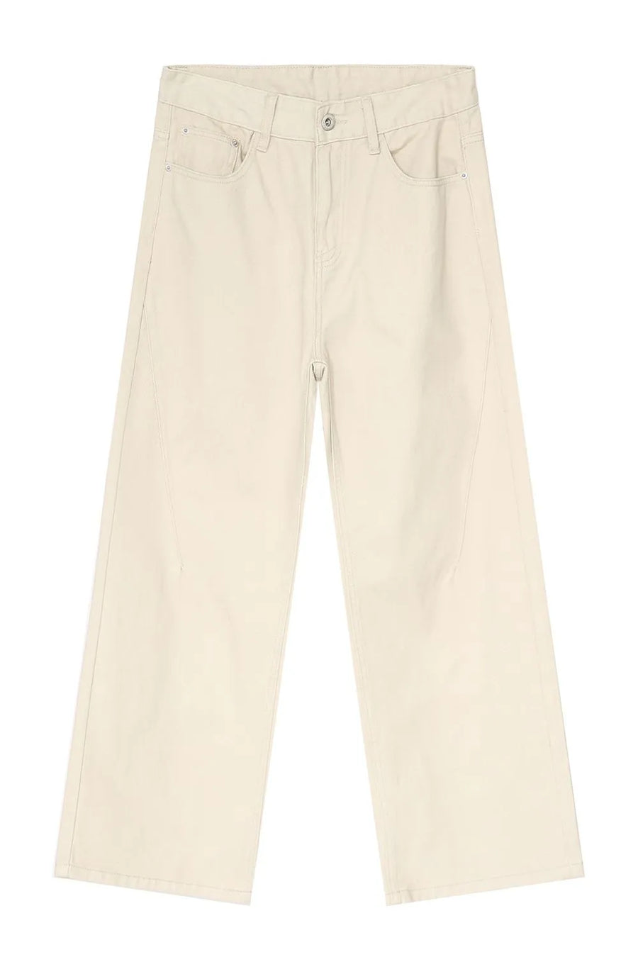 Wide-leg cream denim jeans with angular seams and a casual fit.